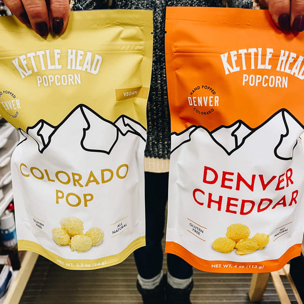What is the best popcorn?  We love Denver, Colorado made Kettle Head popcorn and two top-sellers are the classic Colorado Pop and tasty Denver Cheddar. 